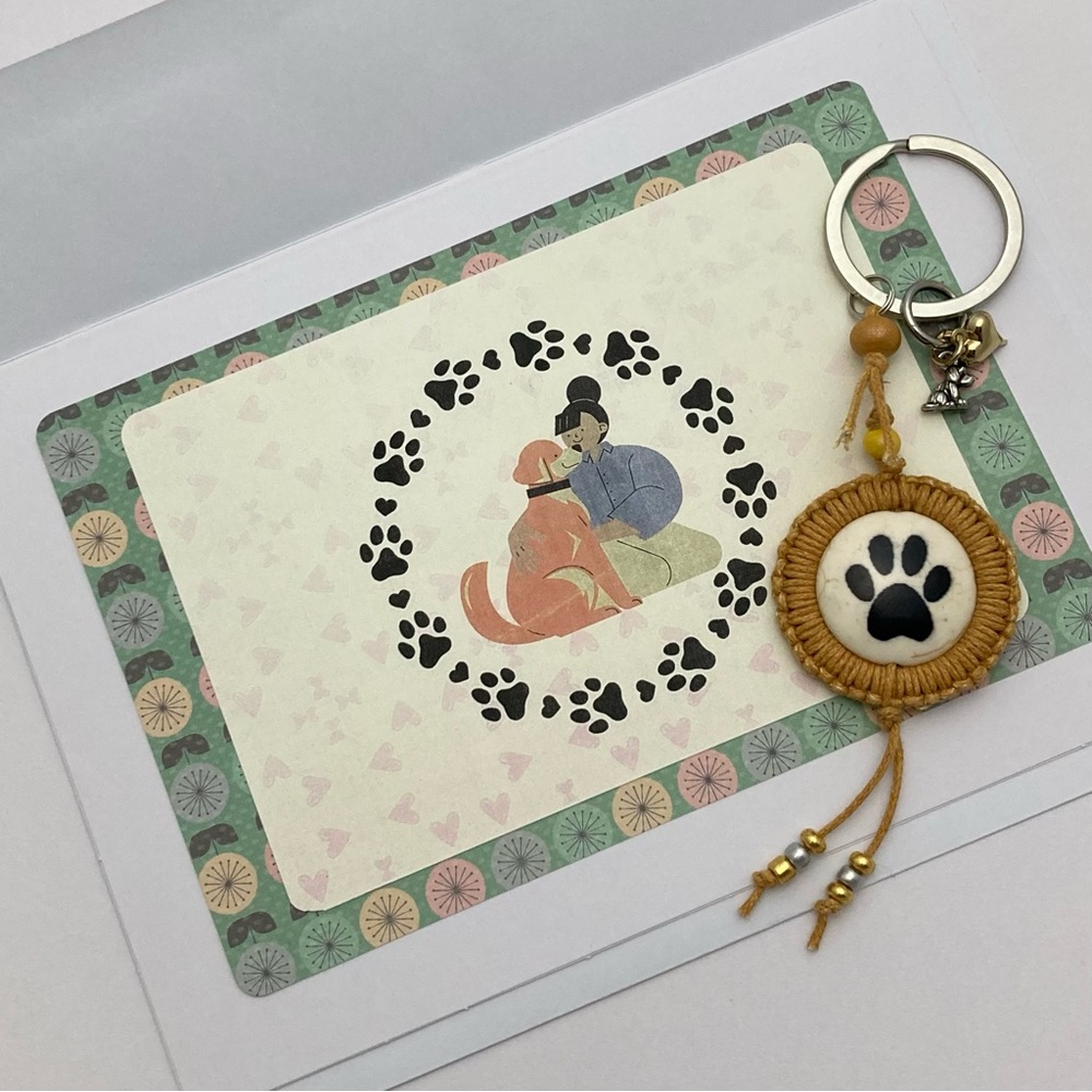 Hand Crafted Macrame Dog Paw Keychain with Handmade Greeting Card and Envelope